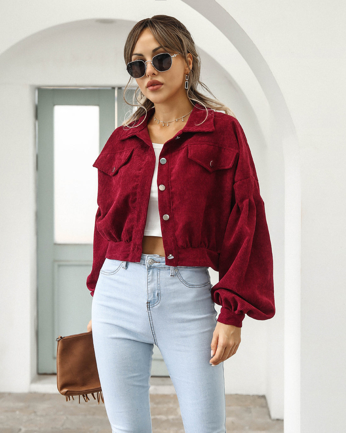 Red corduroy cropped jacket